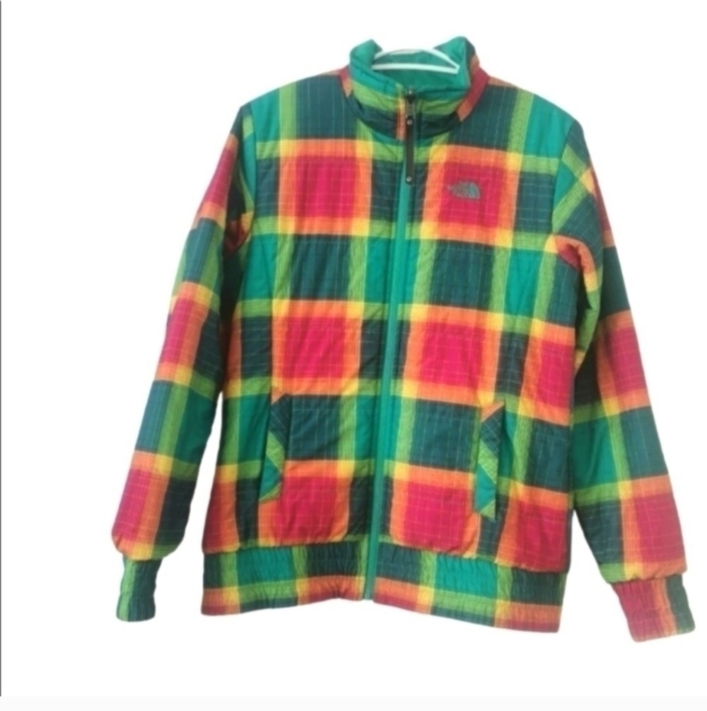 North face reversible green tartan style 2 front pockets wind waterproof Retro